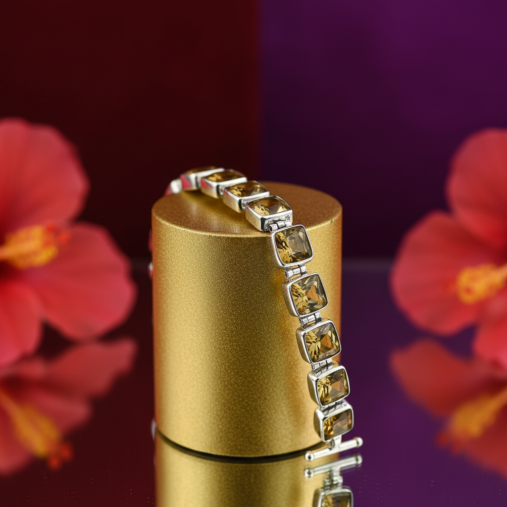 925银黄水晶手链 | 女士方形宝石首饰