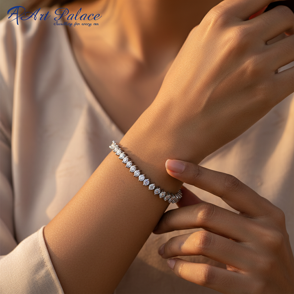 女士银手链，镶嵌白色宝石 | 网球手链