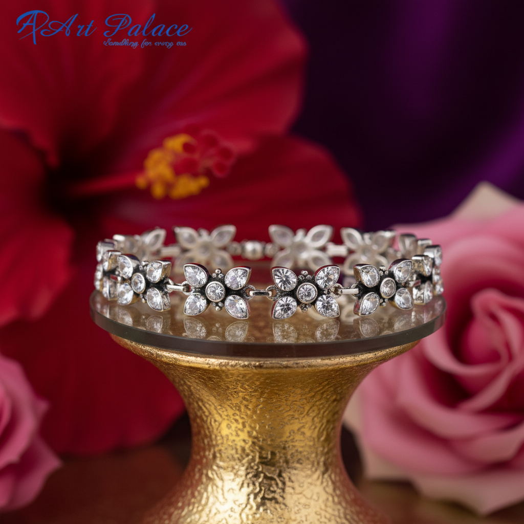 Pulsera de plata con circonitas cúbicas y flores para mujer | ropa de fiesta