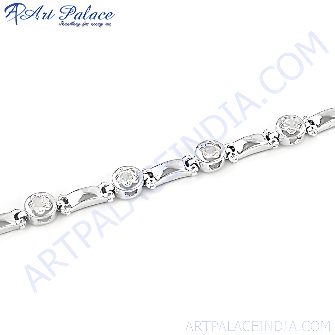 A close-up of a 925 sterling silver bracelet with sparkling cubic zirconia stones.
