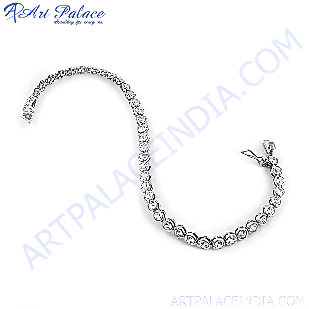 925 silver tennis bracelet with round brilliant cut cubic zirconia stones on a white background