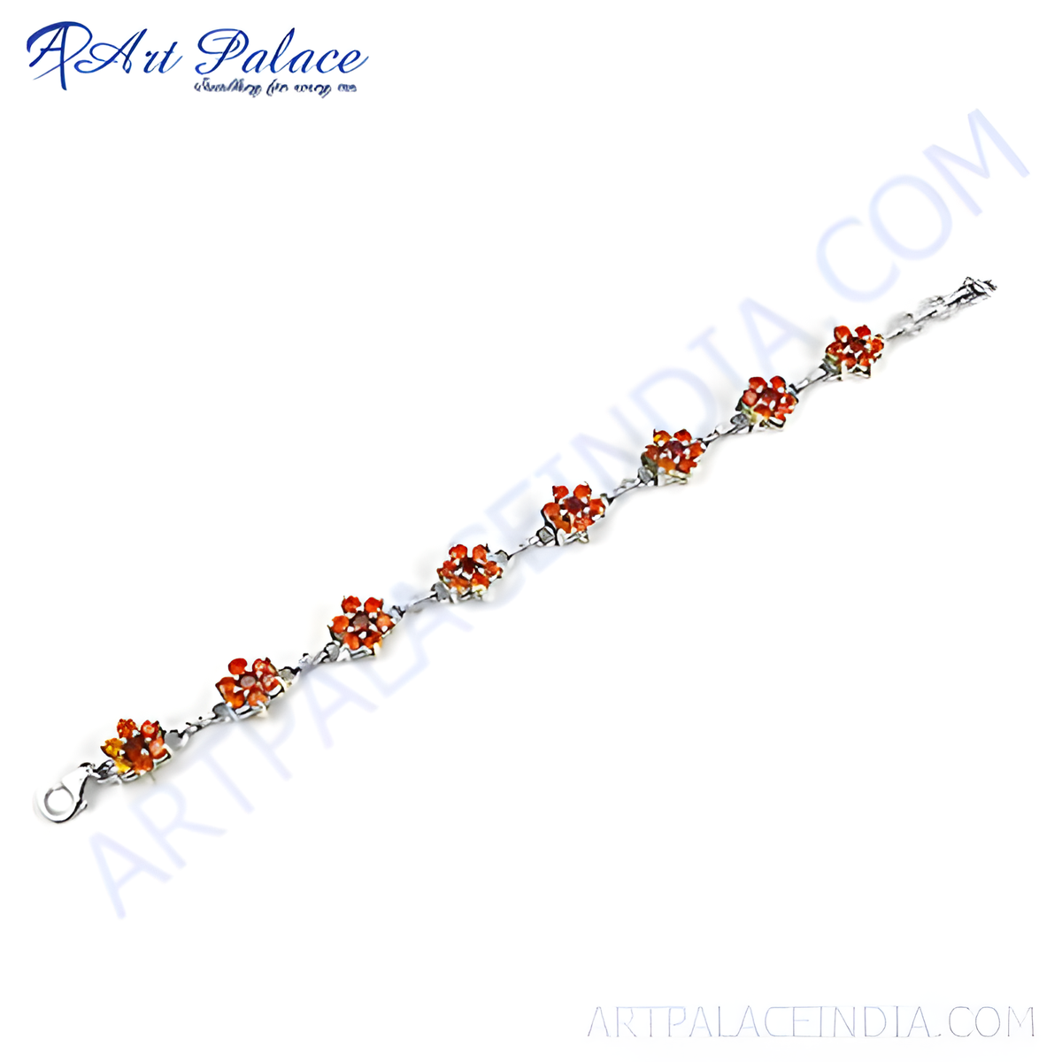 Sterling silver chain bracelet with flower design and vibrant orange gemstones