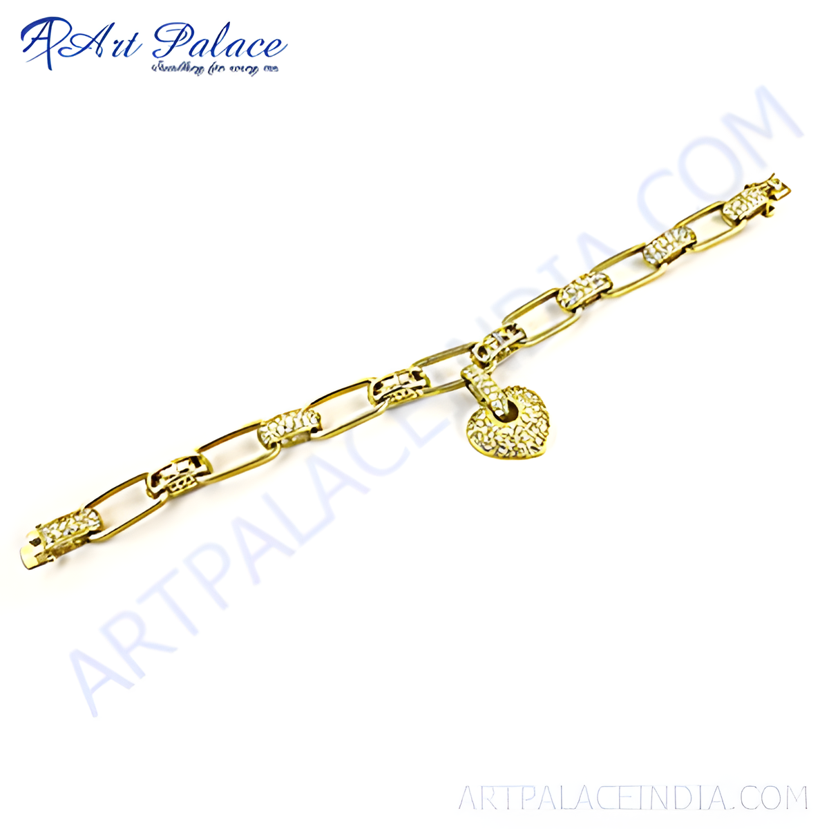 Gold charm bracelet featuring a heart shaped charm with cubic zirconia stones, perfect for women