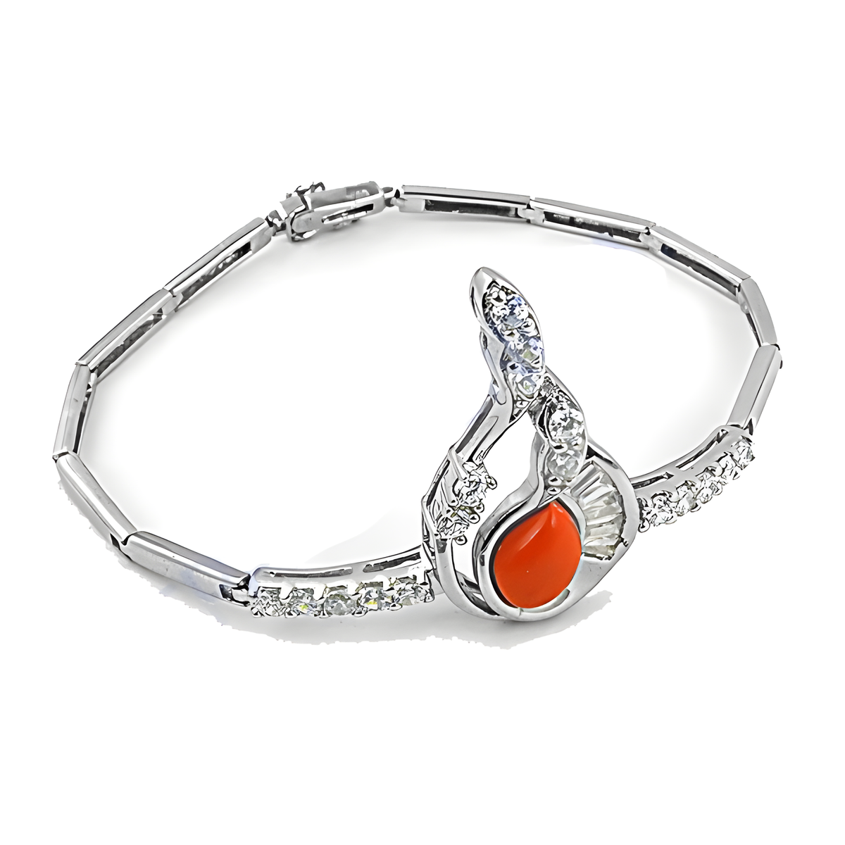 Silver bracelet with a vibrant orange coral stone and sparkling diamonds, an elegant jewelry piece