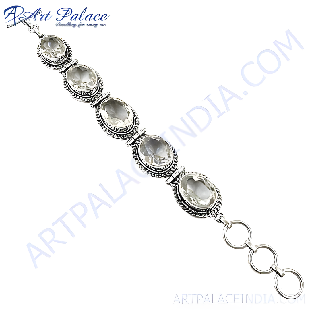 925 sterling silver chain bracelet with oval clear quartz gemstones, a beautiful piece of jewelry.