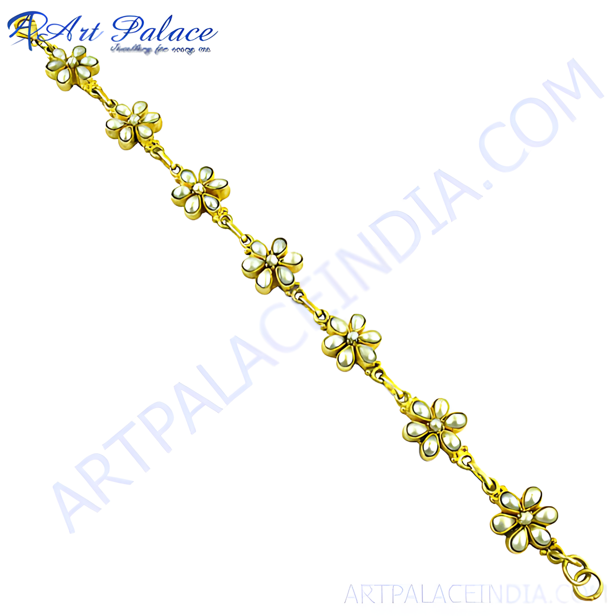Gold chain bracelet with flower shaped design and white pearls, elegant women's jewelry