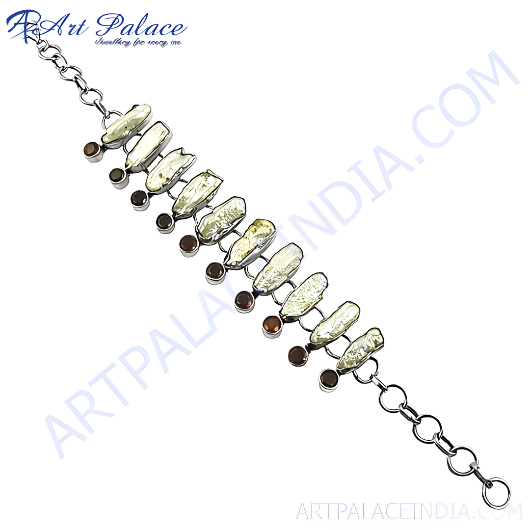 Sterling silver gemstone bracelet featuring white and brown stones, perfect for elegant daily wear.