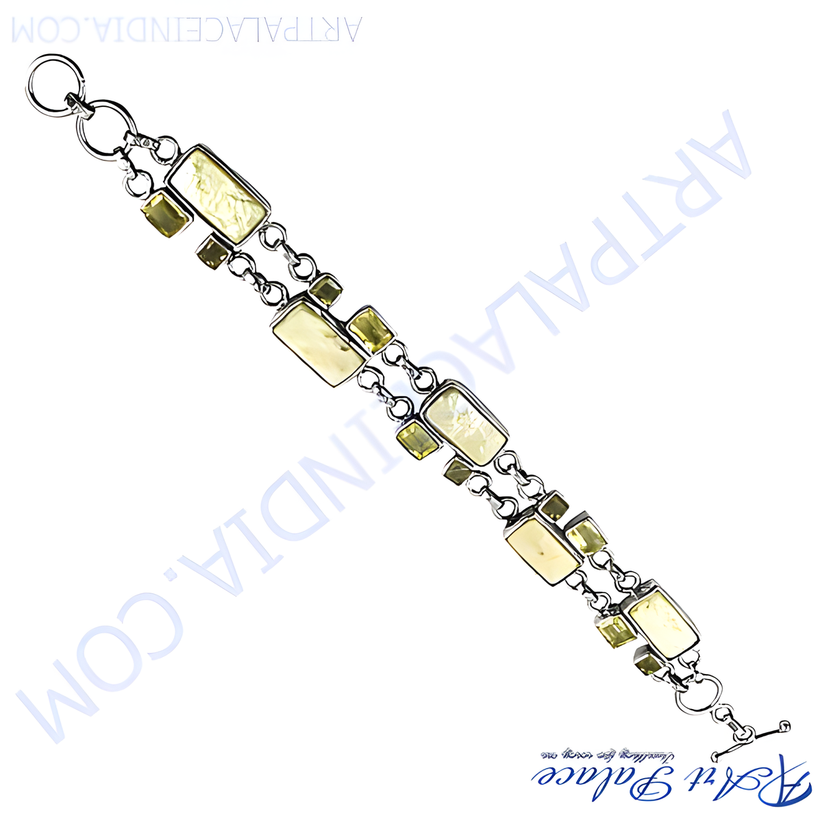 Sterling silver bracelet featuring rectangular and square yellow gemstones on a white background