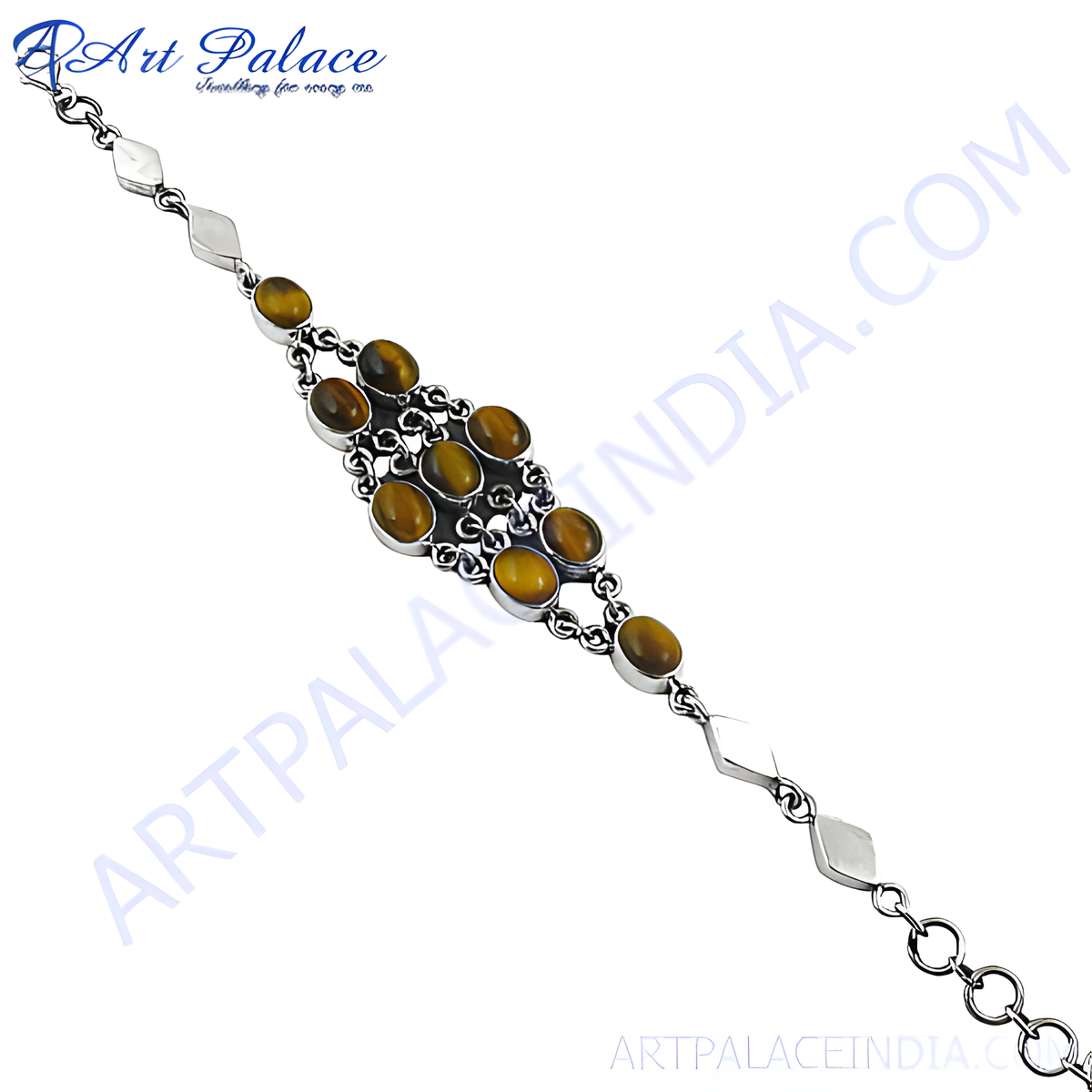 Sterling silver bracelet featuring oval tiger eye gemstones in a silver chain setting
