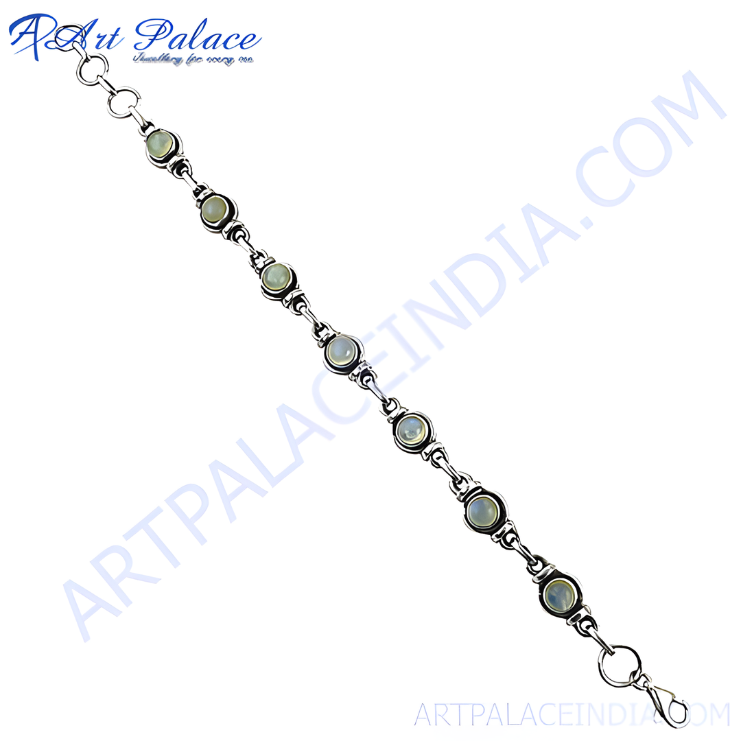 925 sterling silver chain bracelet with round light green gemstones, perfect for women's fashion jewelry.