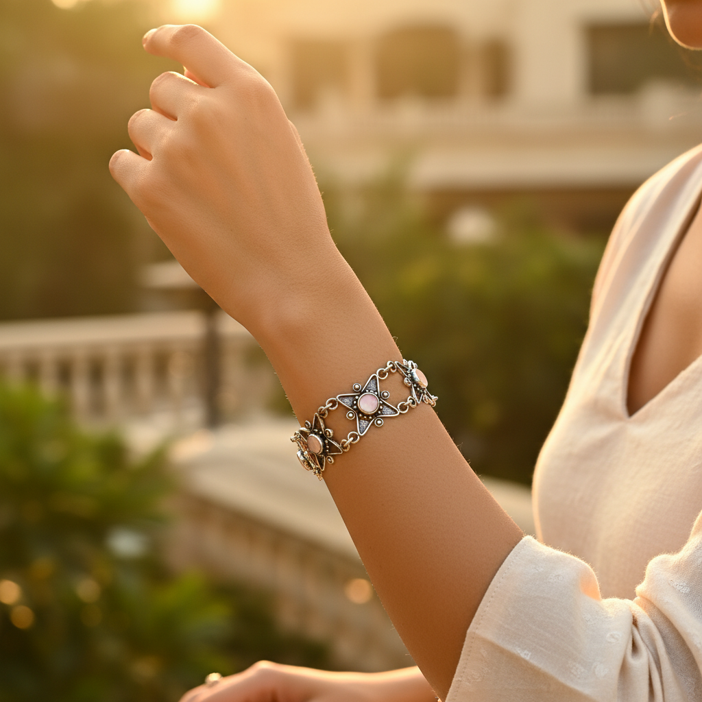 925 Silver Rose Quartz Bracelet for Women | Statement Jewelry