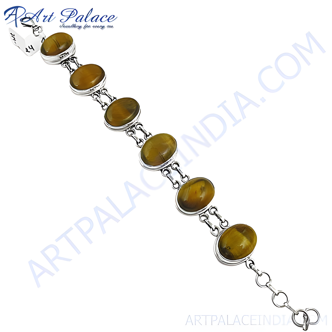 925 sterling silver chain bracelet with oval tiger eye gemstones in a silver setting.
