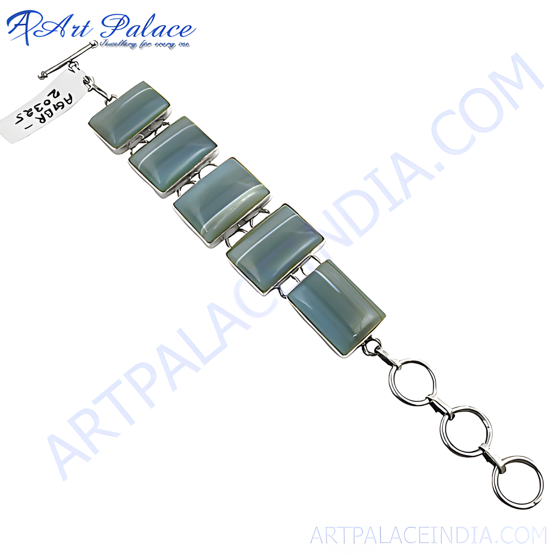 Silver agate stone bracelet featuring rectangular gray-green gemstones for women.