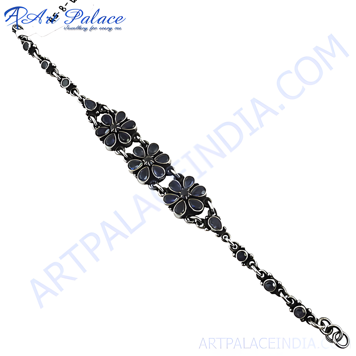 925 sterling silver flower bracelet with dark blue gemstone accents, elegant jewelry for women