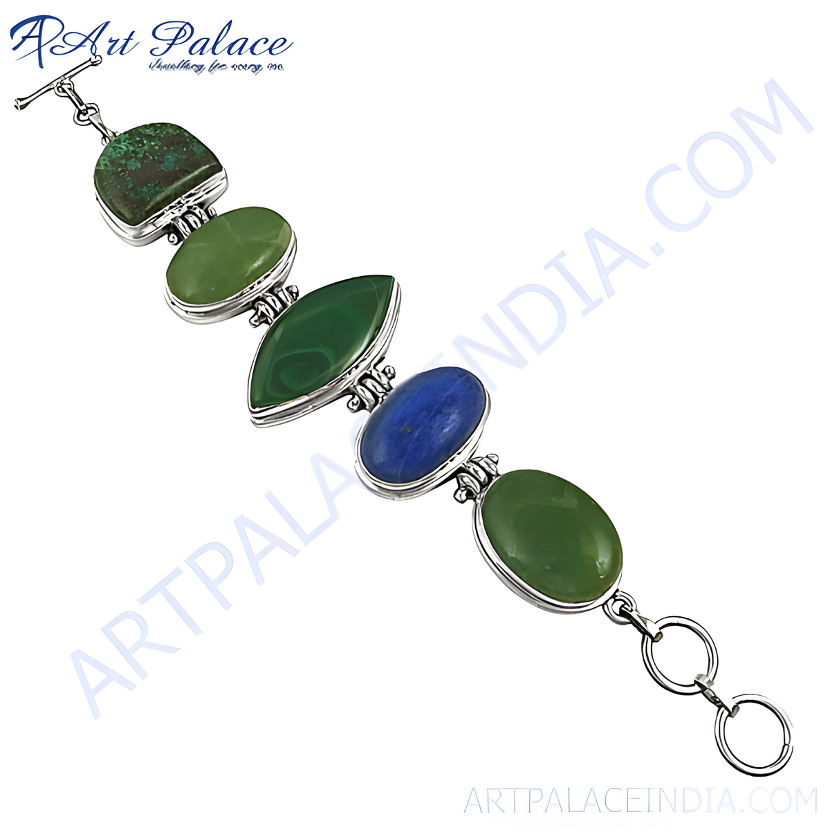 Sterling silver multi stone bracelet featuring green and blue gemstones, a unique and elegant design