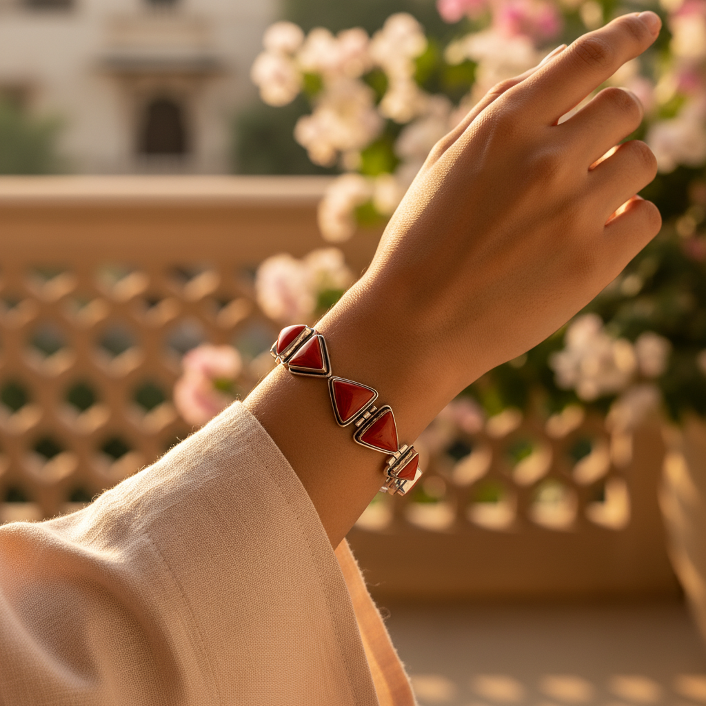 Silver red coral triangle bracelet for women | gift jewelry