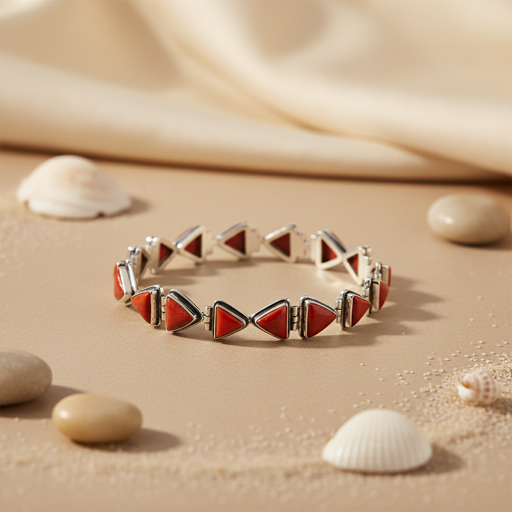 Silver Red Coral Triangle Bracelet for Women | Gift Jewelry