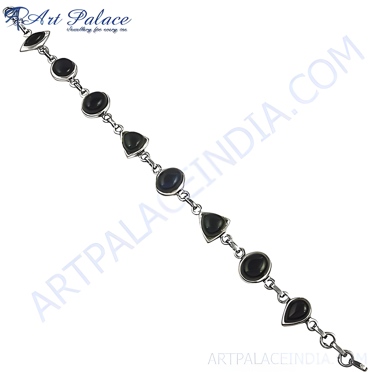 Sterling silver bracelet featuring black onyx gemstones in various cuts, ideal for women's fashion and gifting