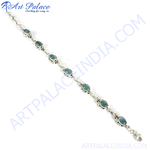 将图像加载到图库查看器中， 925 sterling silver chain bracelet with oval-shaped blue aquamarine gemstones.
