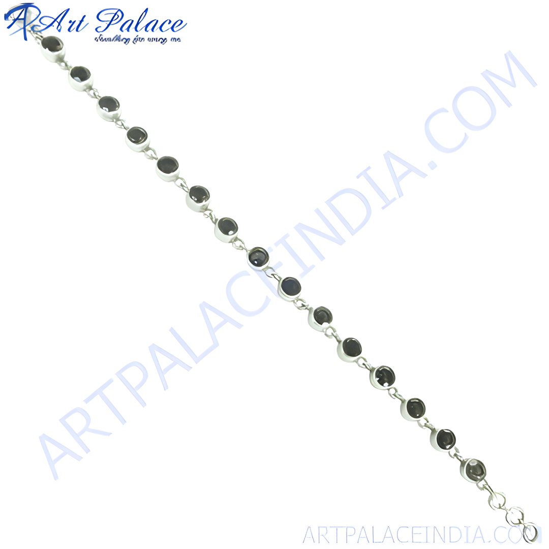 925 sterling silver chain bracelet with round black onyx gemstones, a perfect daily wear accessory.