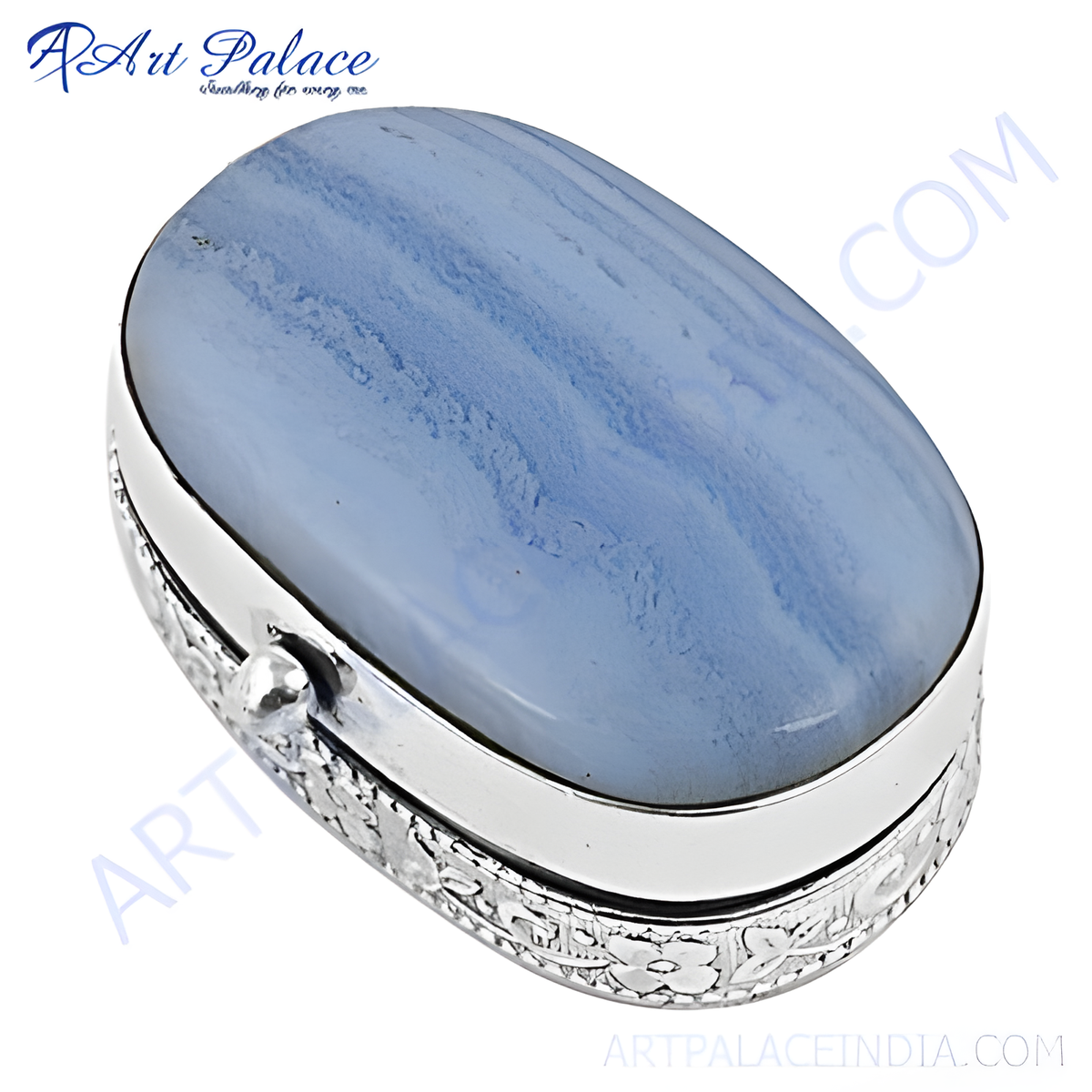 Silver pill box with a smooth, polished blue agate gemstone top
