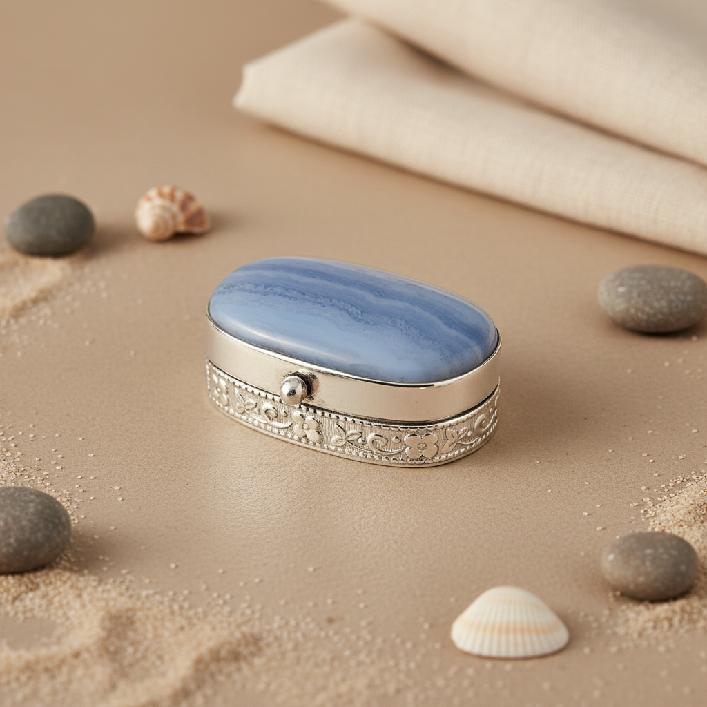 Silver Blue Agate Pill Box | Gemstone Jewelry Gift