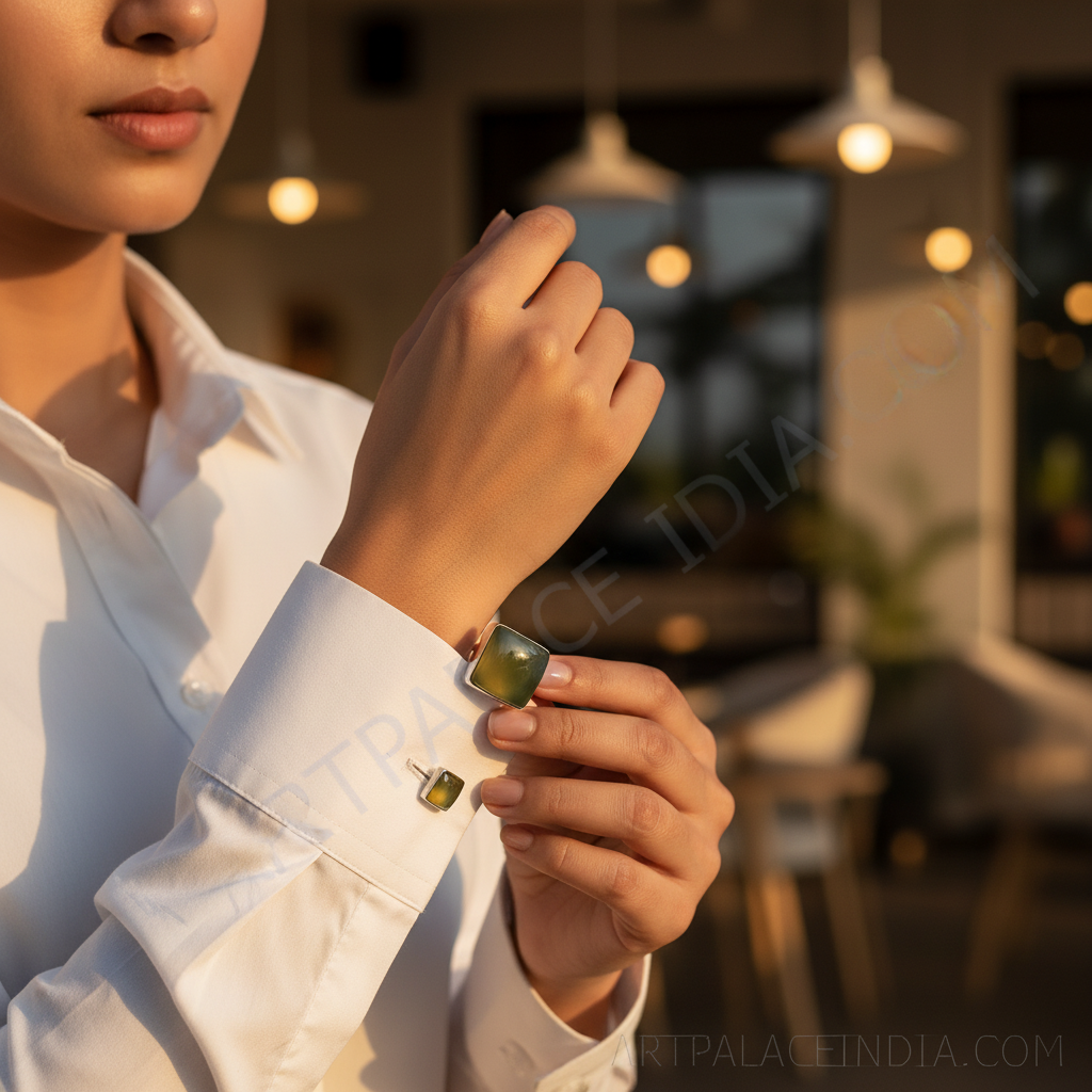 Silver Cufflinks with Green Stone for Men | Formal Wear