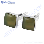 Load image into Gallery viewer, Silver cufflinks with a square green stone center, ideal for men&#39;s formal attire
