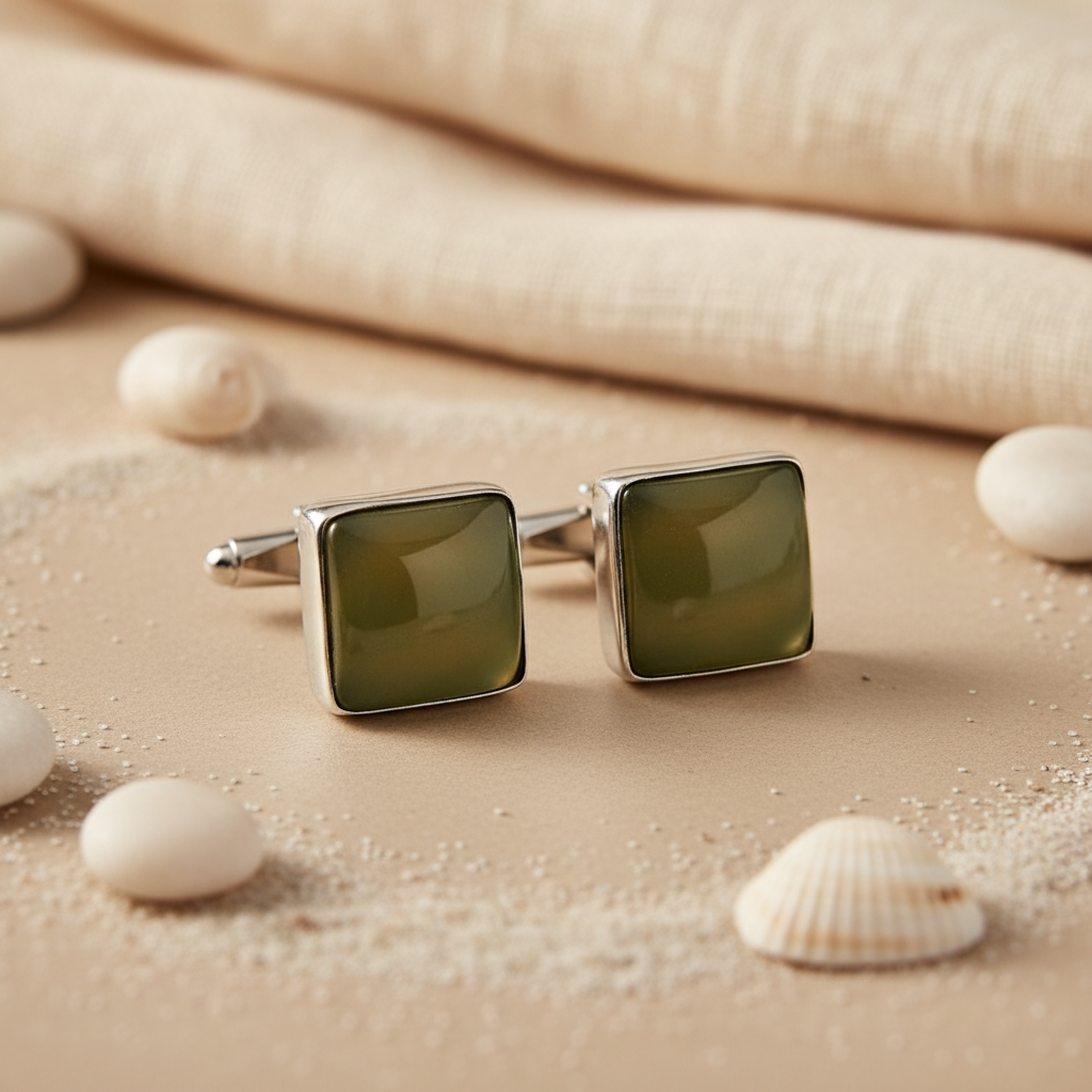 Silver Cufflinks with Green Stone for Men | Formal Wear
