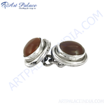 Load image into Gallery viewer, Silver cufflinks with oval-shaped, earthy red carnelian gemstones. Formal wear jewelry.
