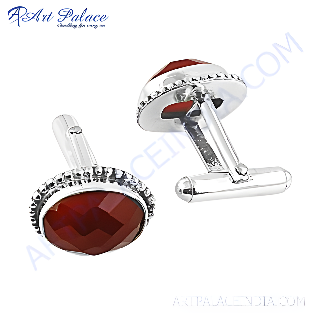 Silver cufflinks with oval-shaped carnelian gemstones, perfect for formal occasions and gifting.