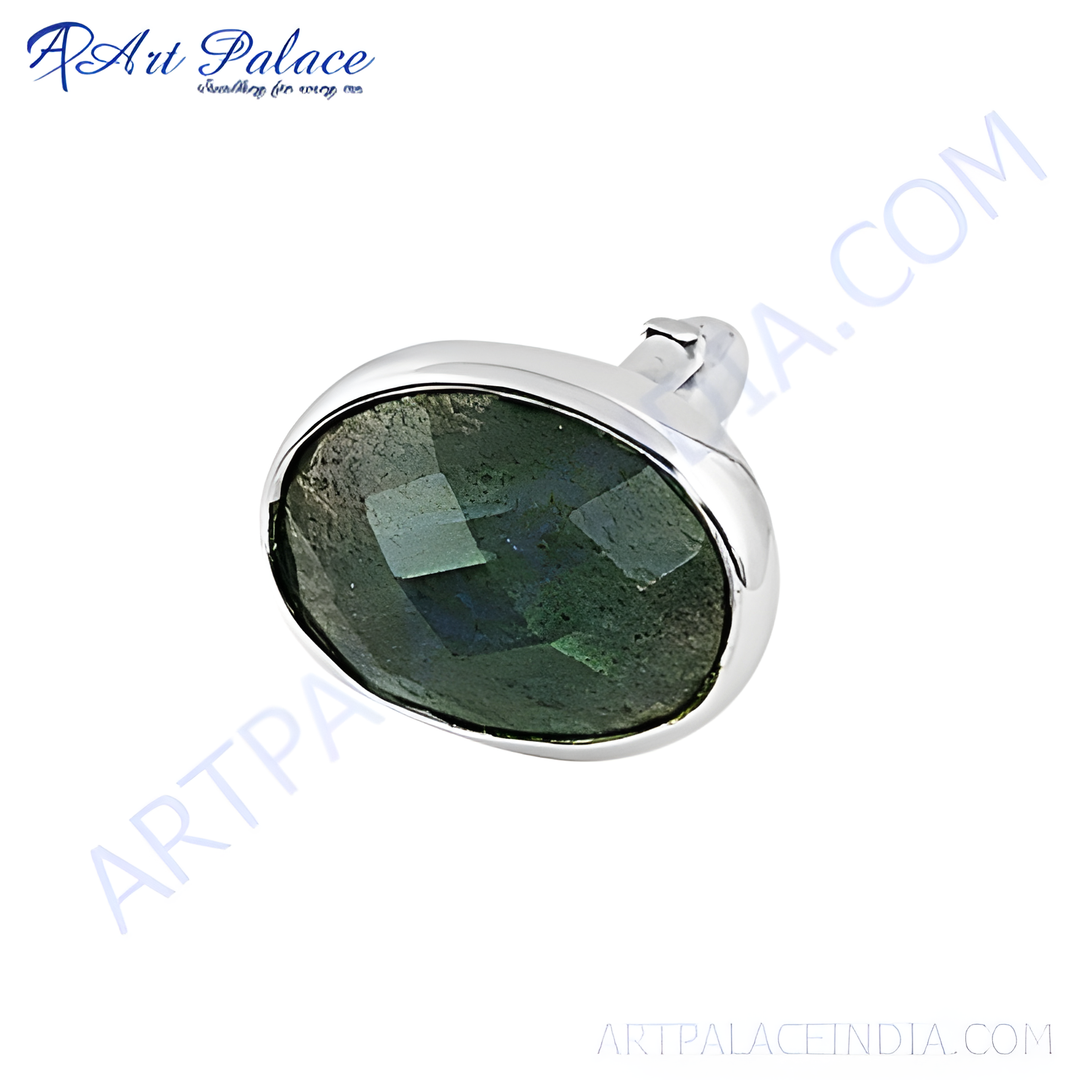 Silver cufflinks with oval-shaped green labradorite gemstone. Luxury men's formal jewelry.