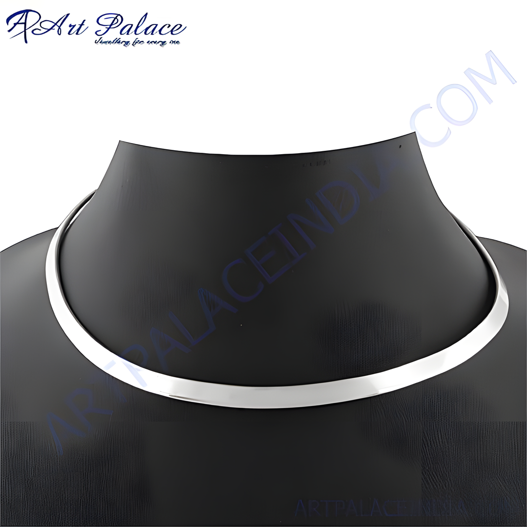 A sleek silver collar necklace displayed on a black mannequin, showcasing its minimalist design.