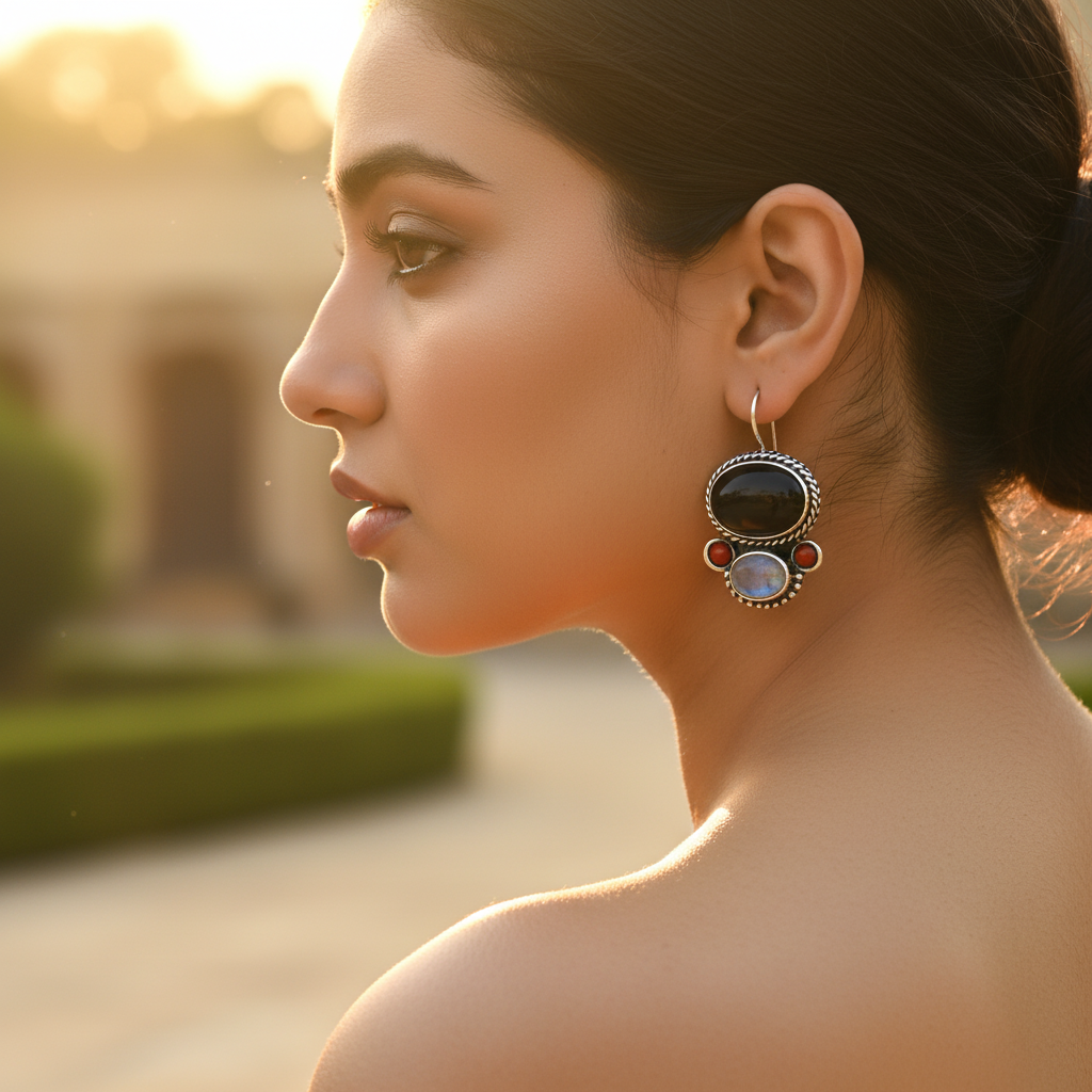 925 Silver Onyx & Moonstone Earrings for Women | Gemstone Jewelry