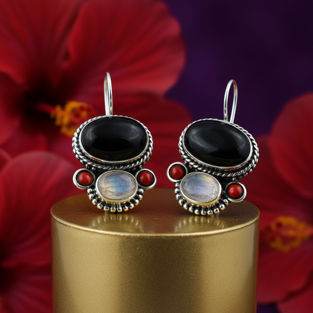 925 Silver Onyx & Moonstone Earrings for Women | Gemstone Jewelry