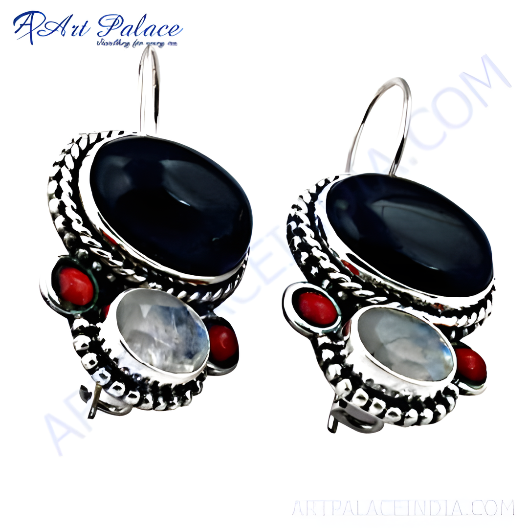 Sterling silver dangle earrings with black onyx and moonstone gemstones