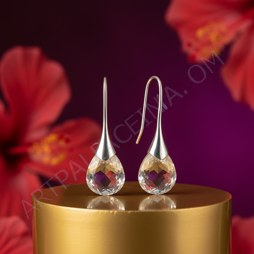 女士银色透明水晶水滴耳环 | 垂坠耳环