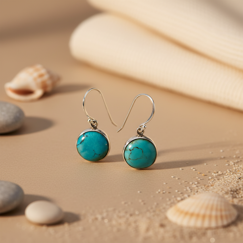 925 Silver Turquoise Stone Earrings | Round Gemstone Jewelry