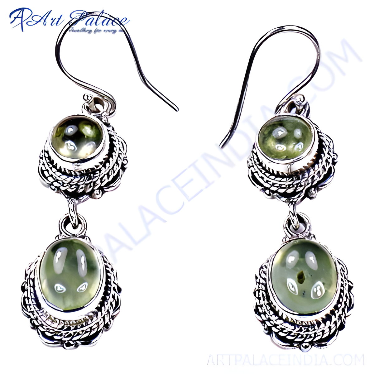925 sterling silver dangle earrings with oval green prehnite gemstones, a beautiful and elegant jewelry design