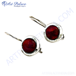 Load image into Gallery viewer, Silver drop earrings with a round red stone center, set in a silver bezel, perfect for daily wear.
