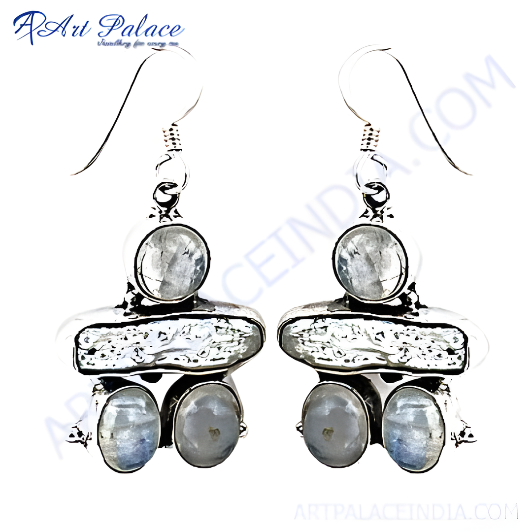 925 sterling silver drop earrings with oval and round moonstone gemstones, white background