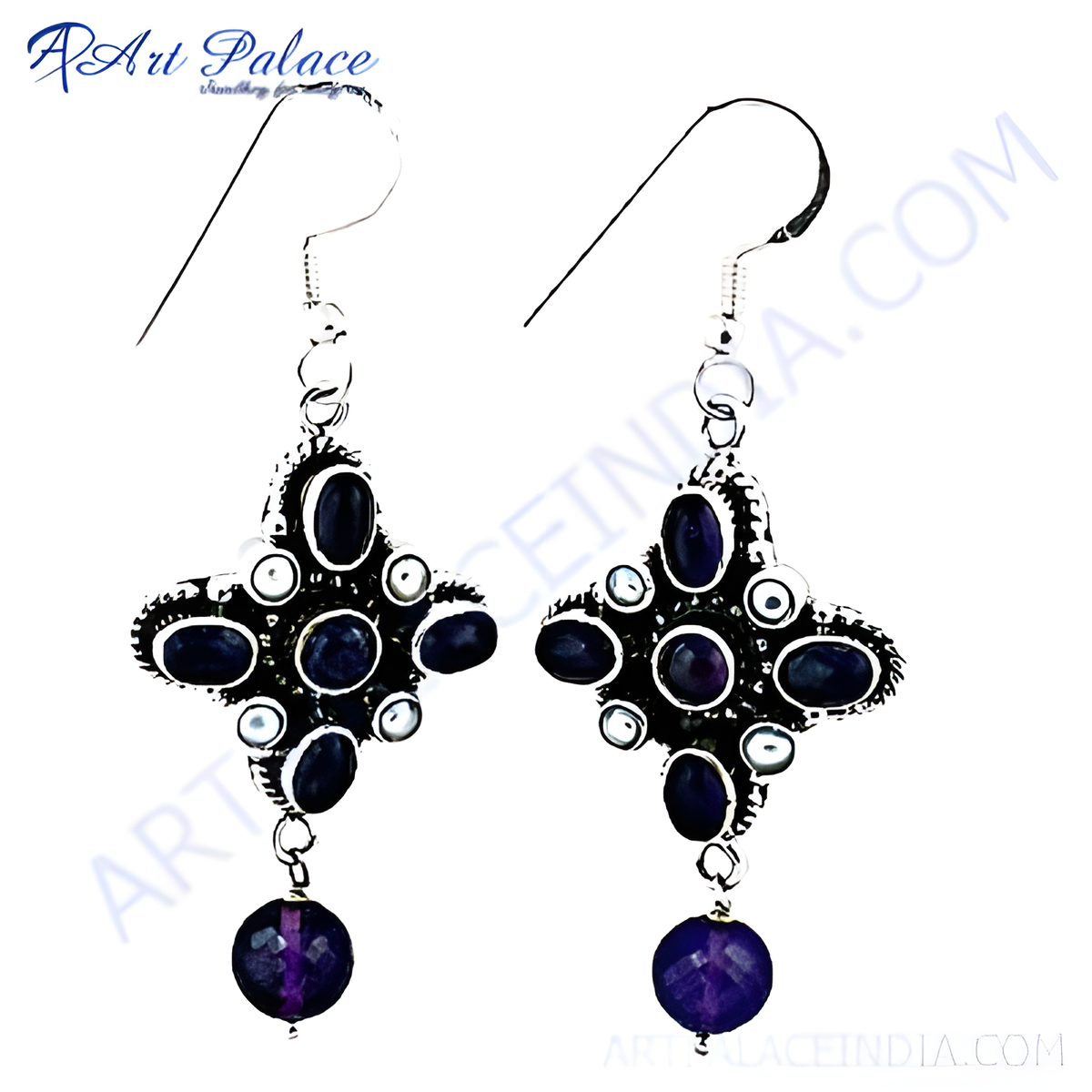 925 sterling silver drop earrings with dark purple amethyst stones and small white stones