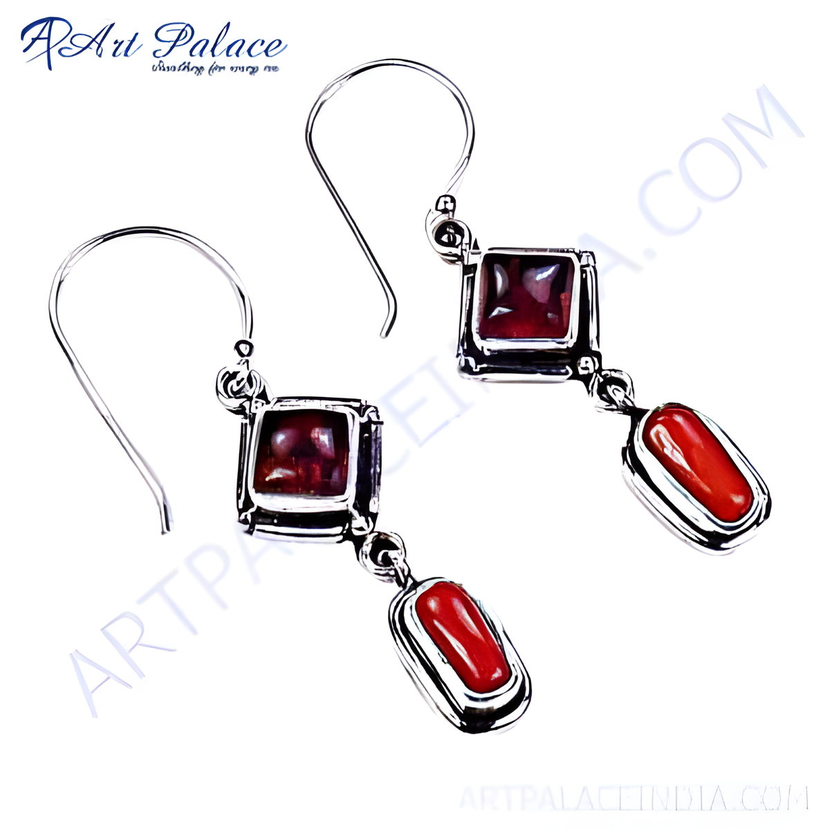925 sterling silver drop earrings with square garnet and rectangular coral gemstones