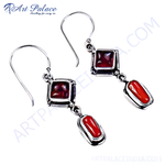 Load image into Gallery viewer, 925 sterling silver drop earrings with square garnet and rectangular coral gemstones.
