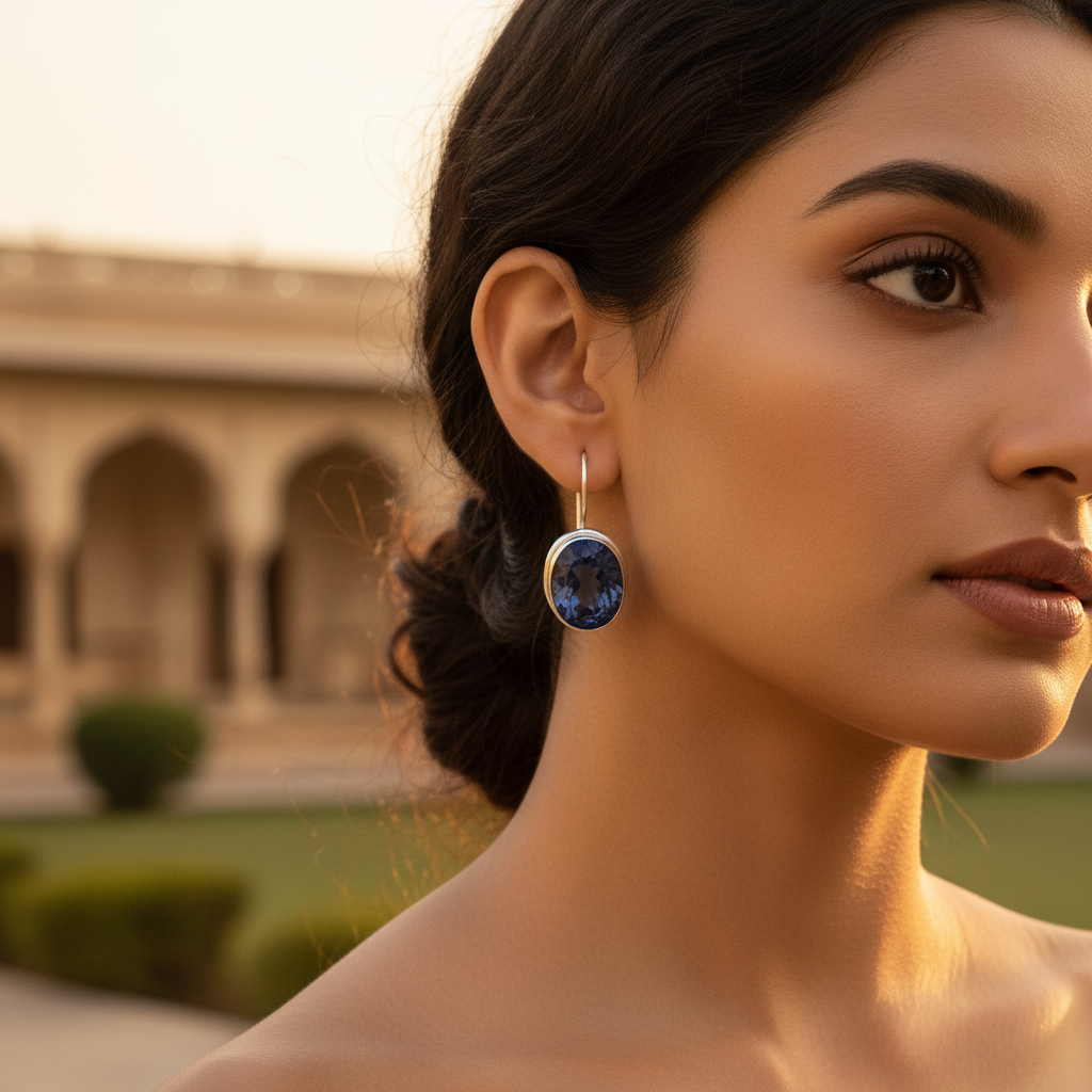 925纯银蓝色宝石水滴耳环，女士款 | 礼物