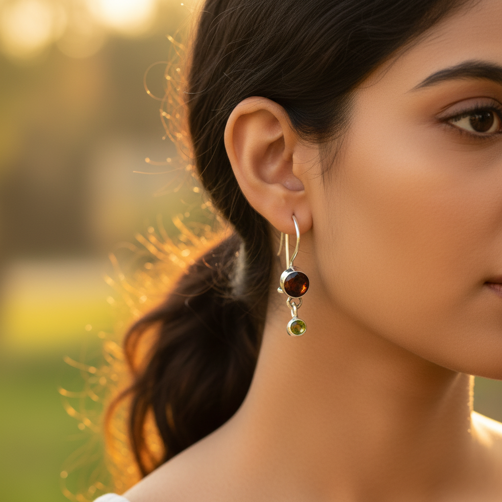 925 Silver Garnet & Peridot Drop Earrings for Women | Gift