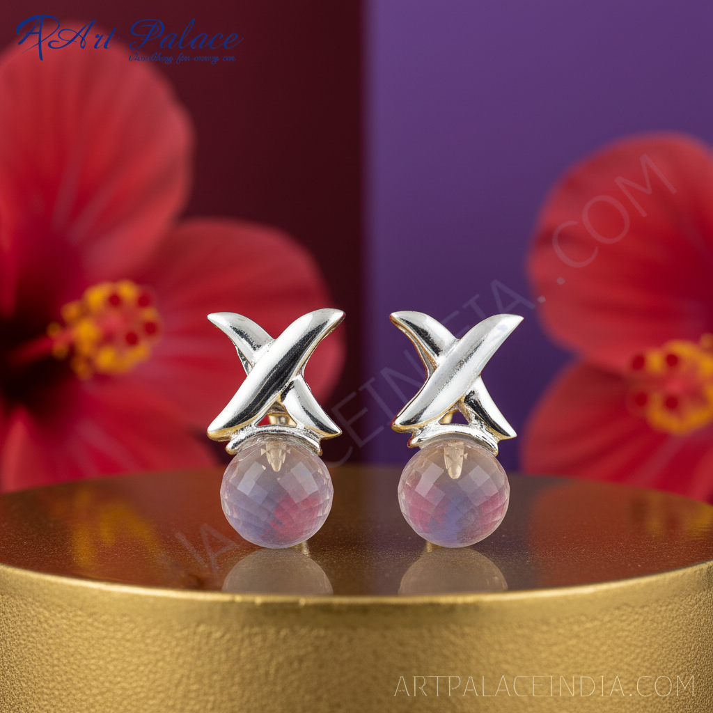 Silver X Stud Earrings with Faceted Stone | Women's Jewelry Gift