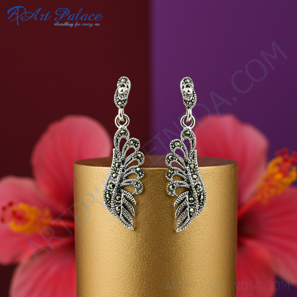 925 Silver Marcasite Leaf Earrings for Women | Dangle Jewelry