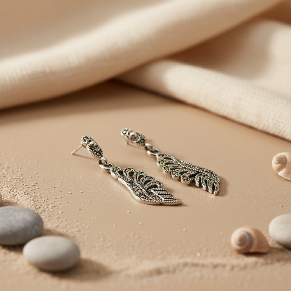 925 Silver Marcasite Leaf Earrings for Women | Dangle Jewelry