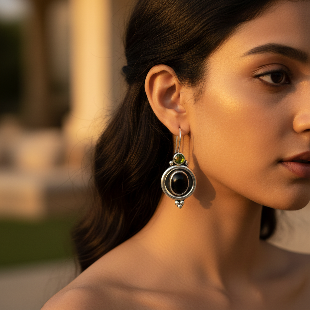 925 Sterling Silver Black Onyx & Peridot Earrings for Women